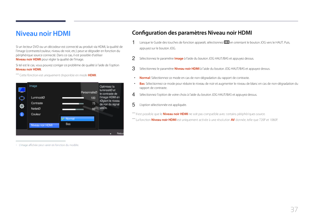 Samsung LS24E370DL/EN manual Configuration des paramètres Niveau noir Hdmi, Niveau noir Hdmi Personnalisé, Normal Bas해제 