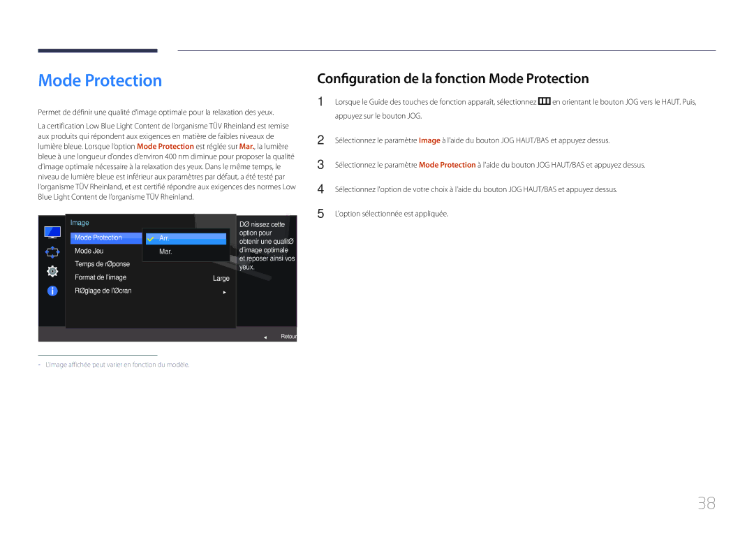 Samsung LS27E370DS/EN, LS24E370DL/EN Configuration de la fonction Mode Protection, Réglage de lécran Arr Mar Large 