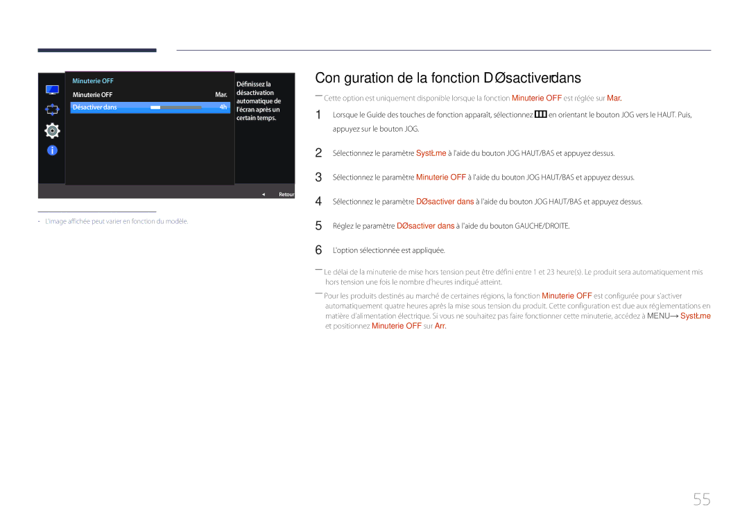 Samsung LS24E370DL/EN, LS27E370DS/EN manual Configuration de la fonction Désactiver dans, Définissez la 