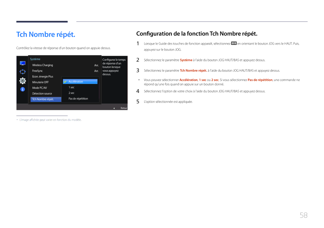Samsung LS27E370DS/EN, LS24E370DL/EN manual Configuration de la fonction Tch Nombre répét 