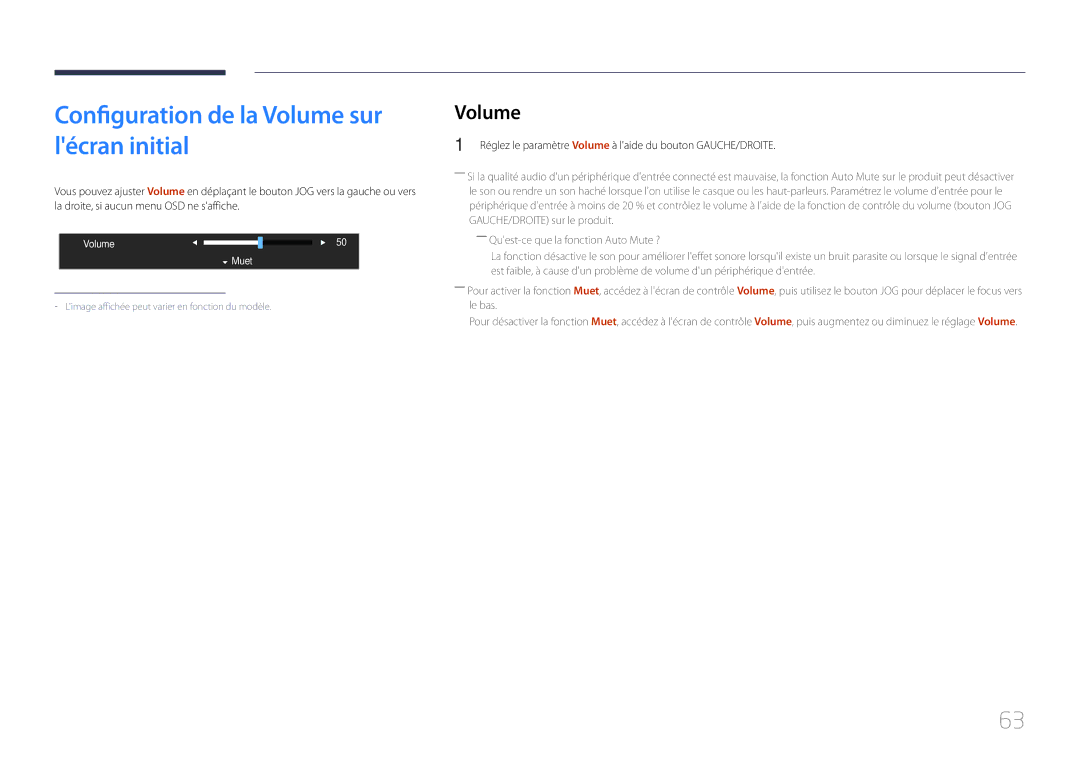 Samsung LS24E370DL/EN, LS27E370DS/EN manual Configuration de la Volume sur lécran initial, Volume Muetute 