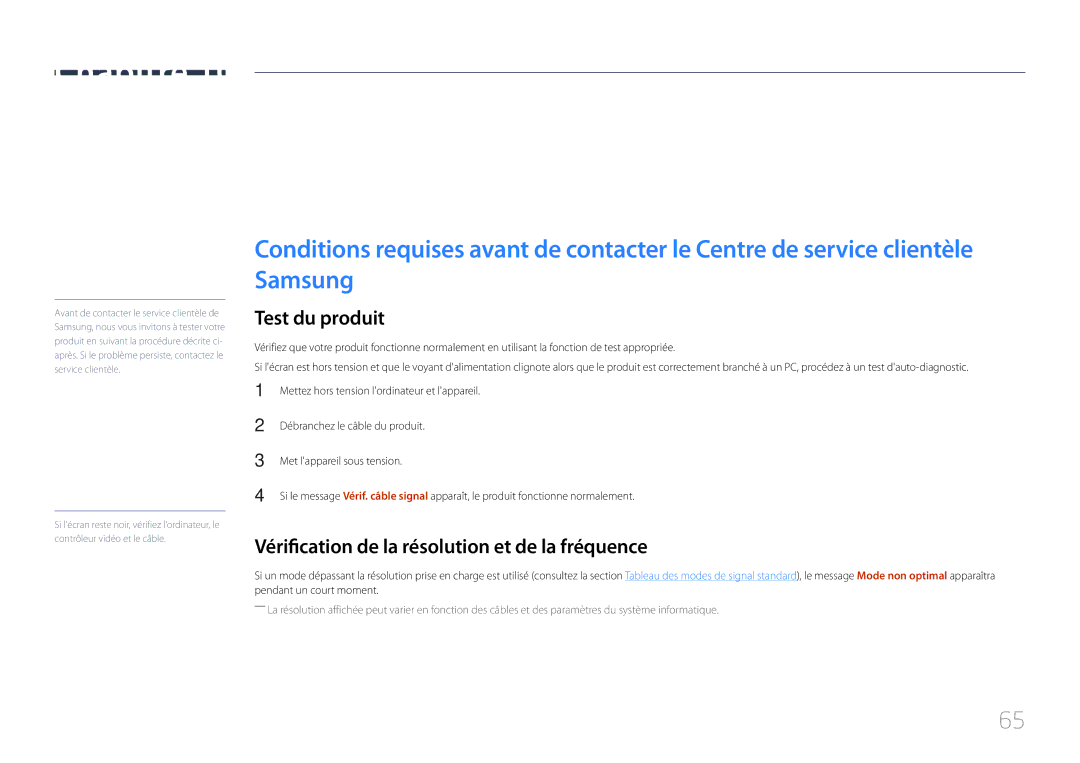 Samsung LS24E370DL/EN, LS27E370DS/EN Guide de dépannage, Test du produit, Vérification de la résolution et de la fréquence 
