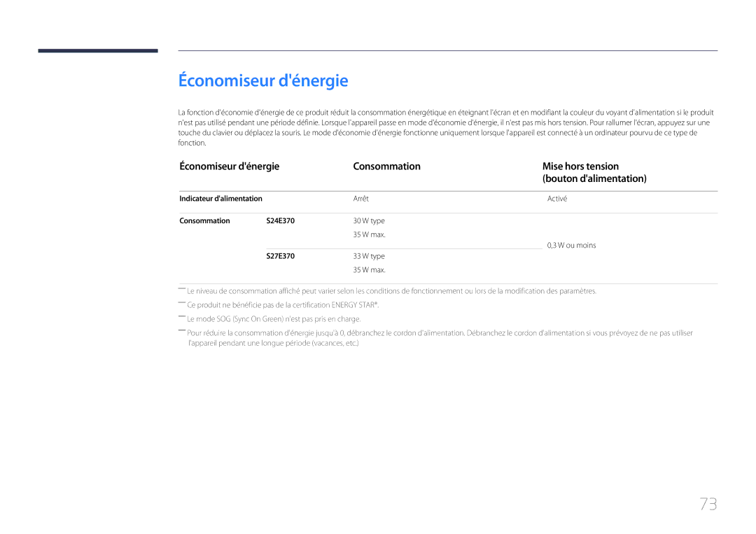 Samsung LS24E370DL/EN, LS27E370DS/EN manual Économiseur dénergie, Consommation S24E370 