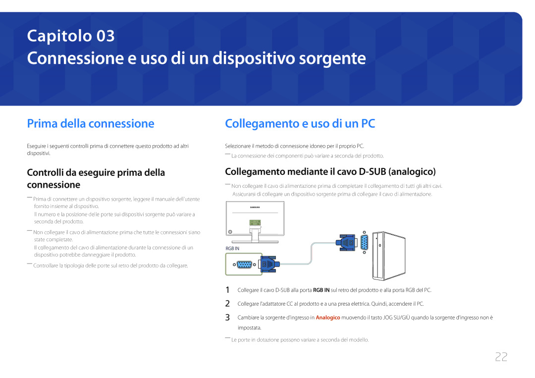 Samsung LS27E370DS/EN Connessione e uso di un dispositivo sorgente, Prima della connessione, Collegamento e uso di un PC 