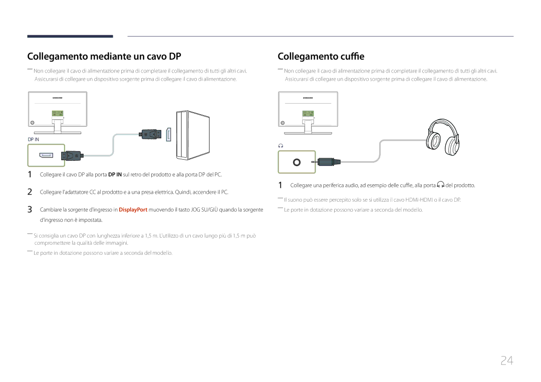 Samsung LS27E370DS/EN, LS24E370DL/EN manual Collegamento mediante un cavo DP, Collegamento cuffie 