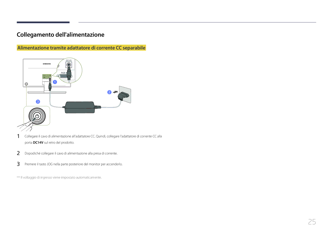 Samsung LS24E370DL/EN, LS27E370DS/EN manual Collegamento dellalimentazione, Porta DC14V sul retro del prodotto 