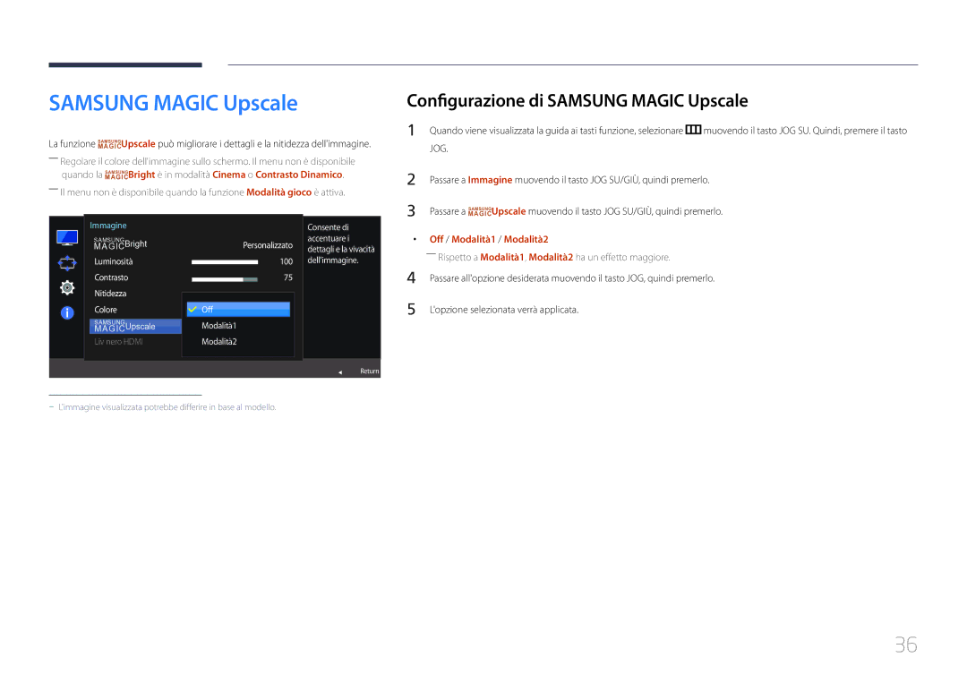 Samsung LS27E370DS/EN, LS24E370DL/EN manual Configurazione di Samsung Magic Upscale, Off / Modalità1 / Modalità2 