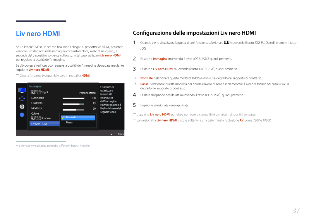 Samsung LS24E370DL/EN manual Configurazione delle impostazioni Liv nero Hdmi, Liv nero Hdmi Consente di, Ottimizzare 