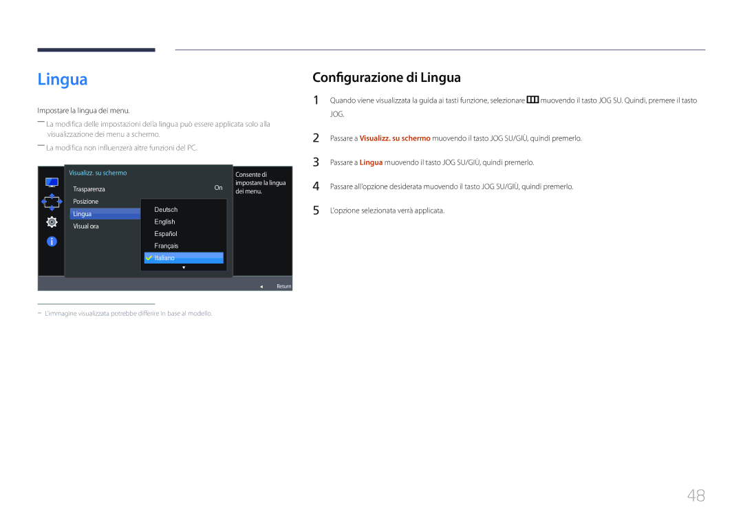 Samsung LS27E370DS/EN Configurazione di Lingua, Impostare la lingua dei menu, Trasparenza Posizione Lingua Visual ora 