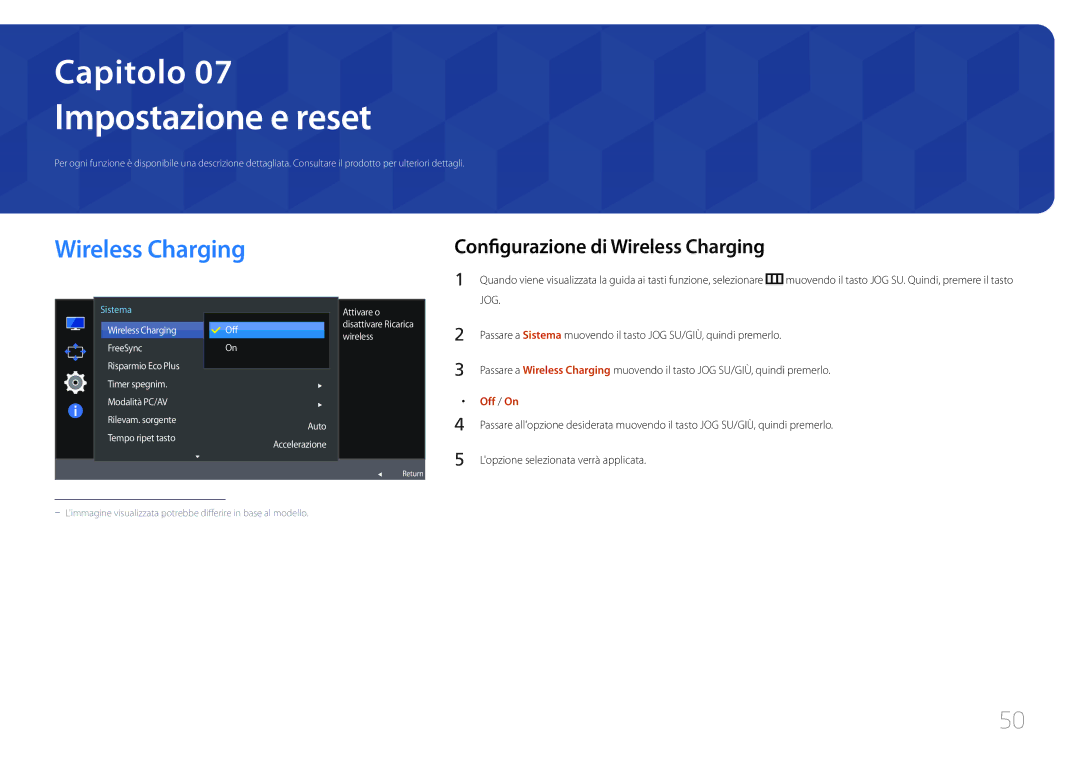 Samsung LS27E370DS/EN, LS24E370DL/EN Impostazione e reset, Configurazione di Wireless Charging, Off Auto Accelerazione 