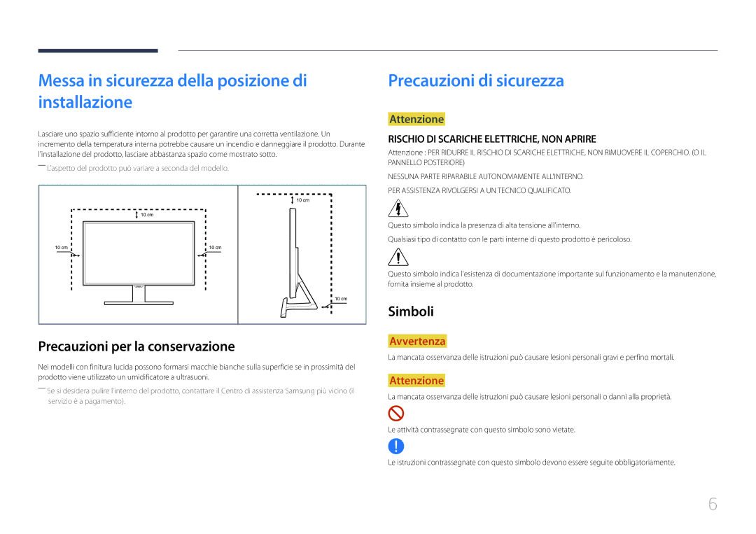 Samsung LS27E370DS/EN manual Messa in sicurezza della posizione di installazione, Precauzioni di sicurezza, Simboli 