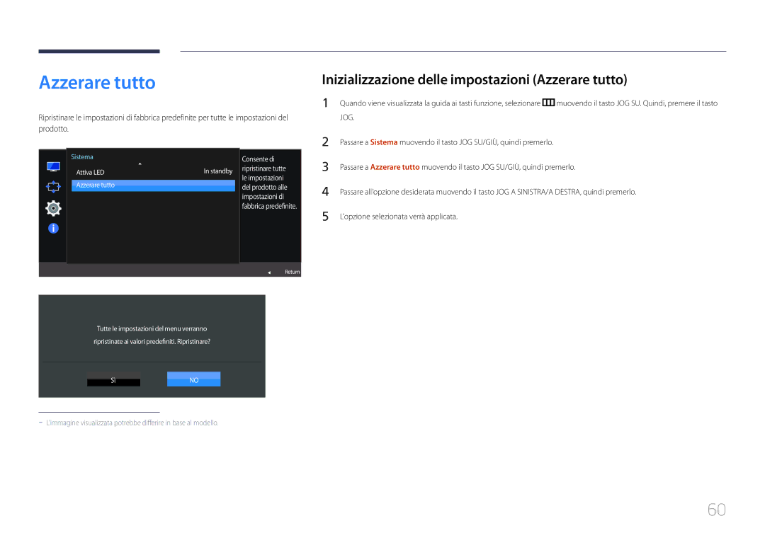 Samsung LS27E370DS/EN manual Inizializzazione delle impostazioni Azzerare tutto, Attiva LED Standby Azzerare tutto, SìNO 