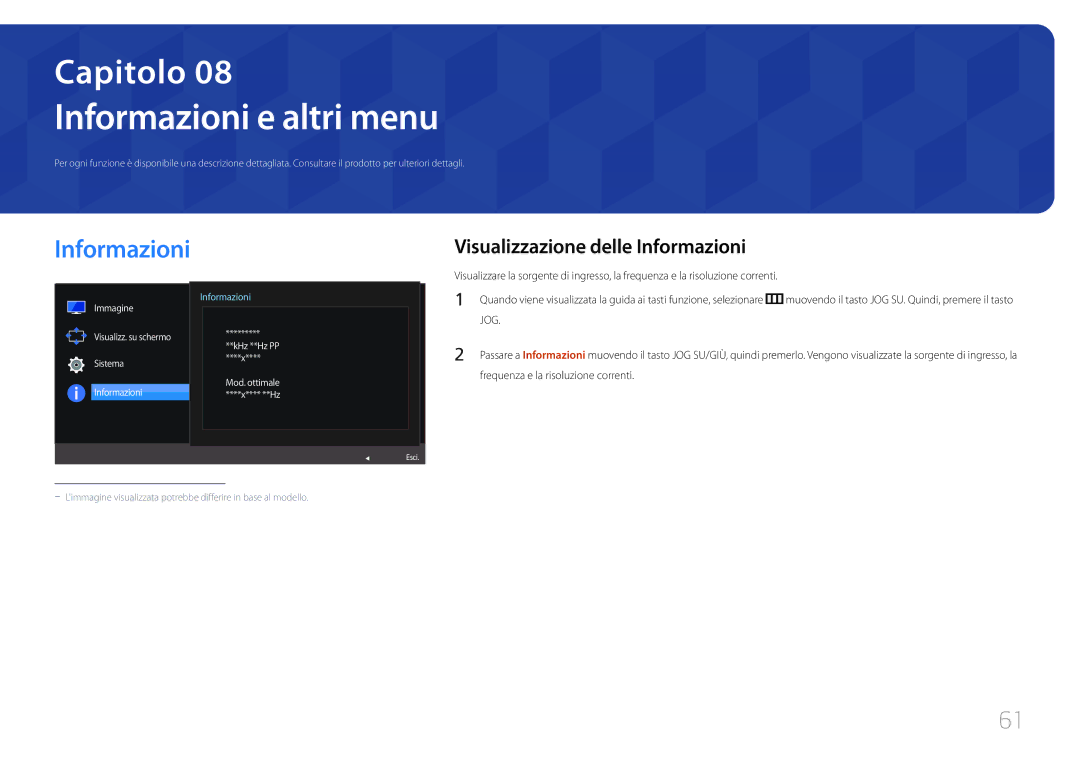 Samsung LS24E370DL/EN Informazioni e altri menu, Visualizzazione delle Informazioni, Frequenza e la risoluzione correnti 