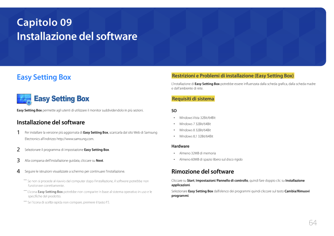 Samsung LS27E370DS/EN, LS24E370DL/EN manual Installazione del software, Easy Setting Box, Rimozione del software 