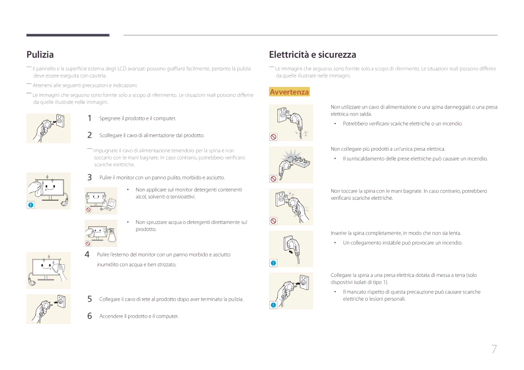 Samsung LS24E370DL/EN, LS27E370DS/EN manual Pulizia, Elettricità e sicurezza, Spegnere il prodotto e il computer 