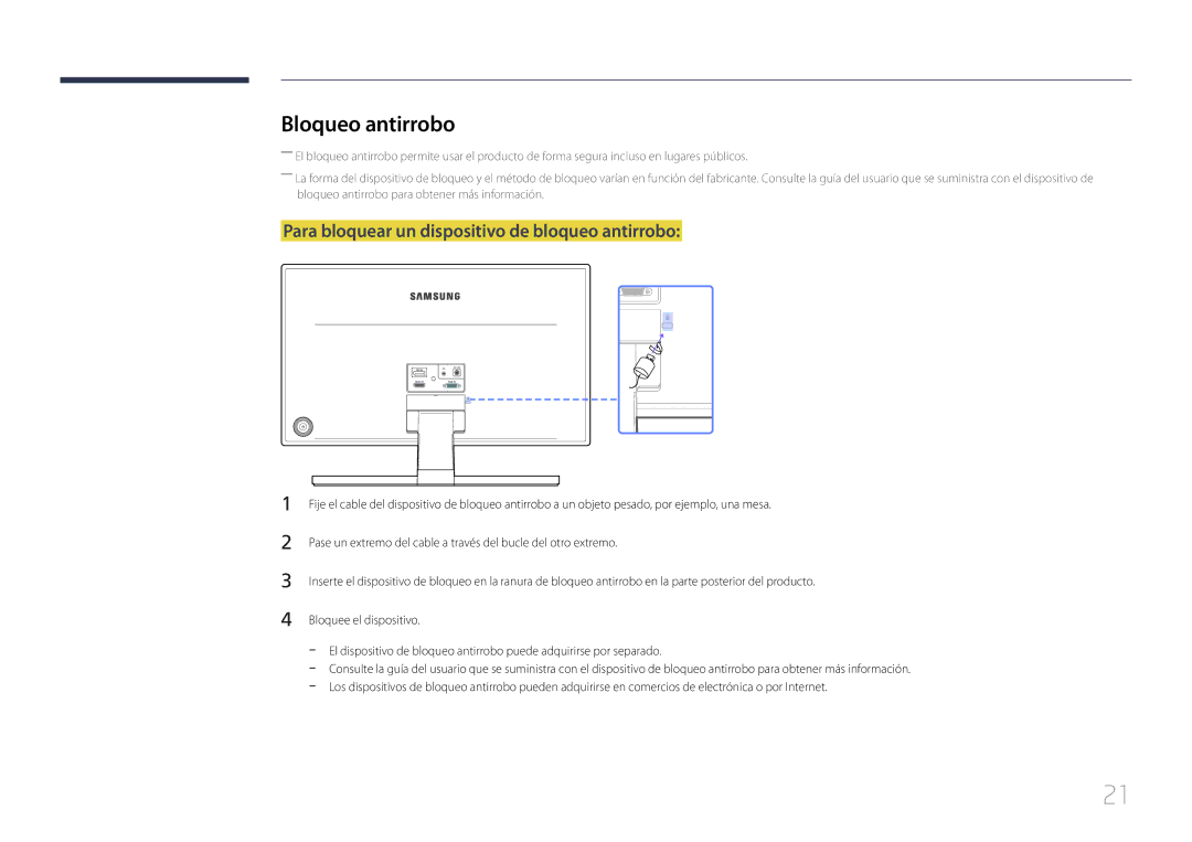 Samsung LS24E370DL/EN, LS27E370DS/EN manual Bloqueo antirrobo, Para bloquear un dispositivo de bloqueo antirrobo 