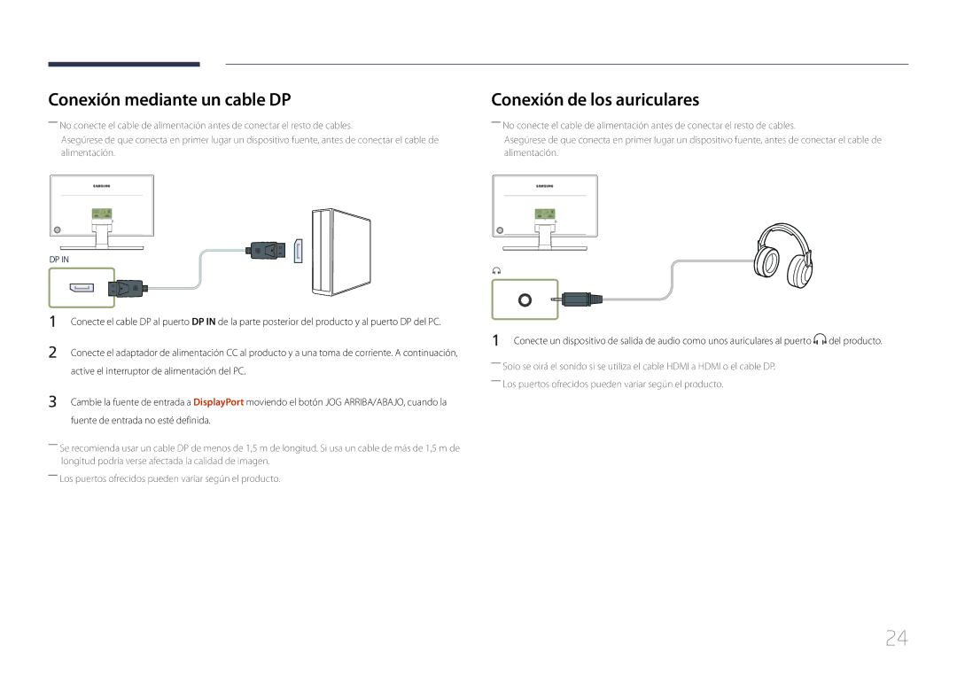 Samsung LS27E370DS/EN manual Conexión mediante un cable DP, Conexión de los auriculares, Fuente de entrada no esté definida 