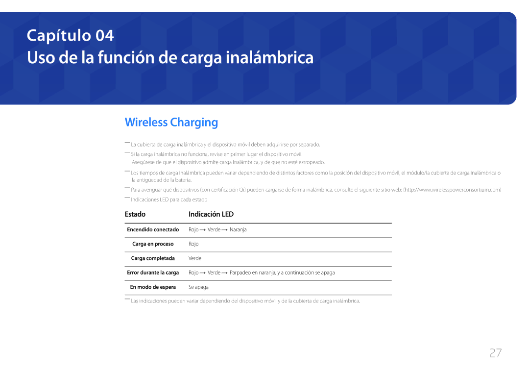 Samsung LS24E370DL/EN Uso de la función de carga inalámbrica, Wireless Charging, Estado Indicación LED, En modo de espera 