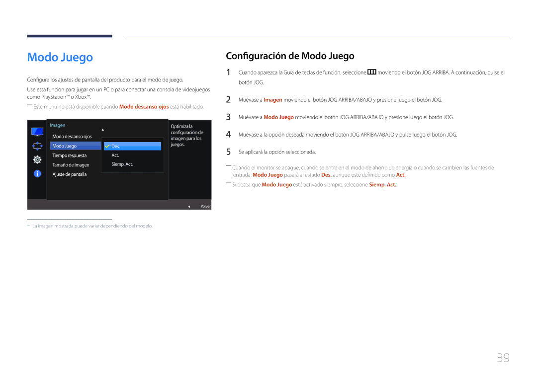 Samsung LS24E370DL/EN, LS27E370DS/EN manual Configuración de Modo Juego, Ajuste de pantalla Des. Act Siemp. Act. 와이드 