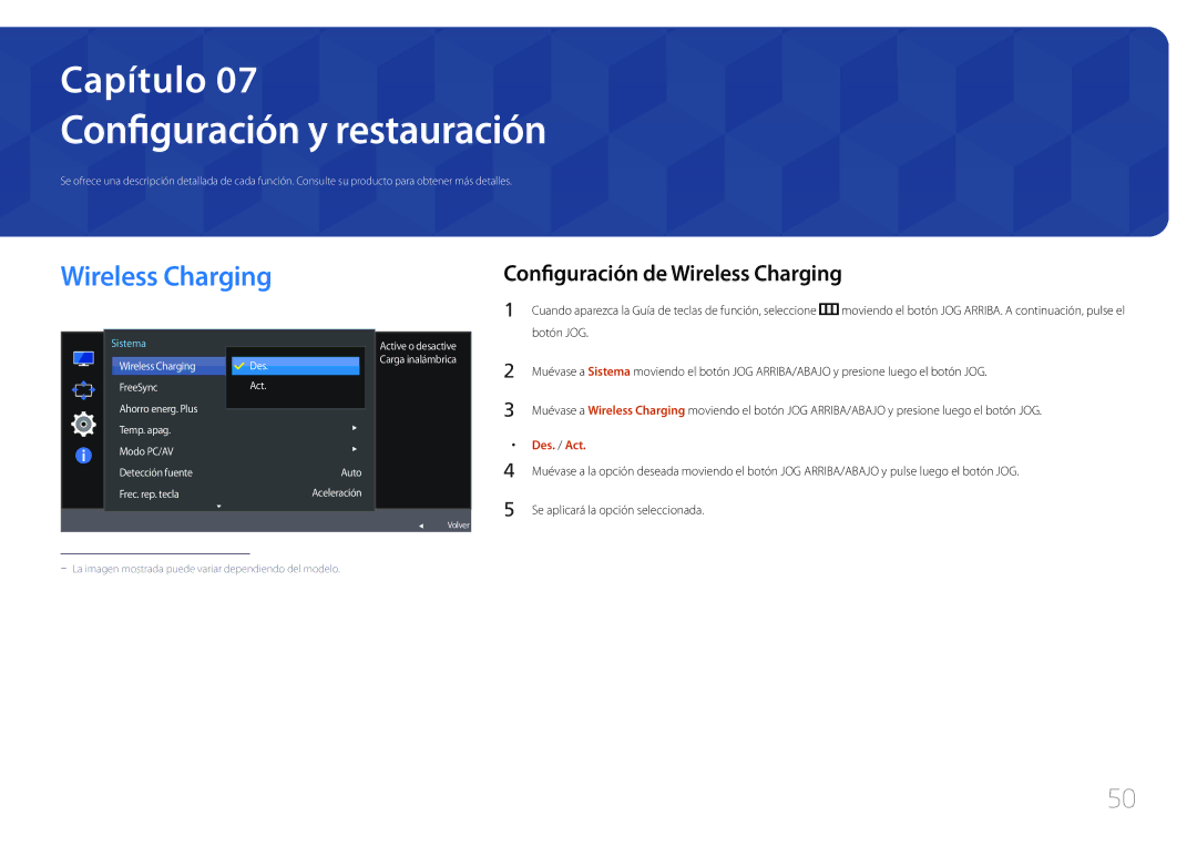 Samsung LS27E370DS/EN manual Configuración y restauración, Configuración de Wireless Charging, Des Act Auto Aceleración 