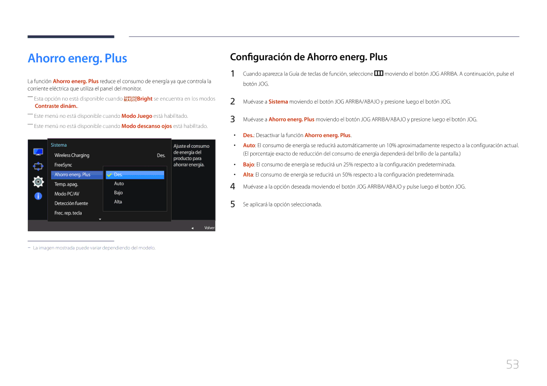 Samsung LS24E370DL/EN manual Configuración de Ahorro energ. Plus, Wireless Charging FreeSync Ahorro energ. Plus 