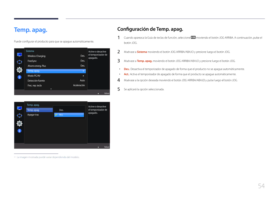 Samsung LS27E370DS/EN, LS24E370DL/EN manual Configuración de Temp. apag, Des Apagado, 동Act작 