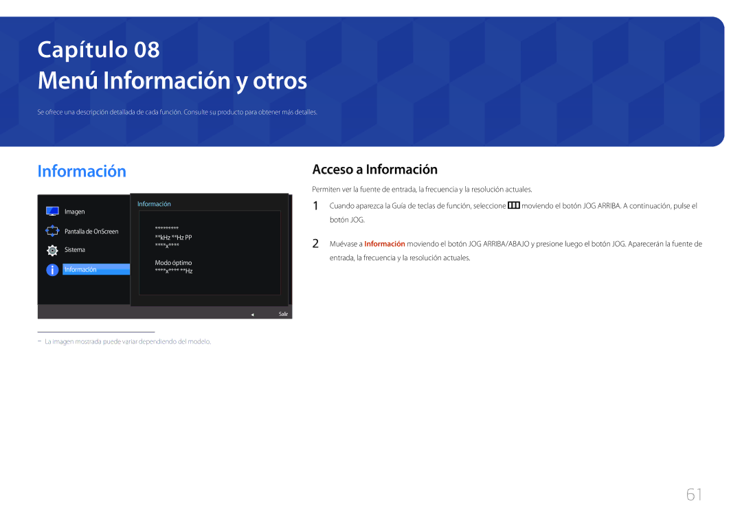 Samsung LS24E370DL/EN Menú Información y otros, Acceso a Información, Entrada, la frecuencia y la resolución actuales 