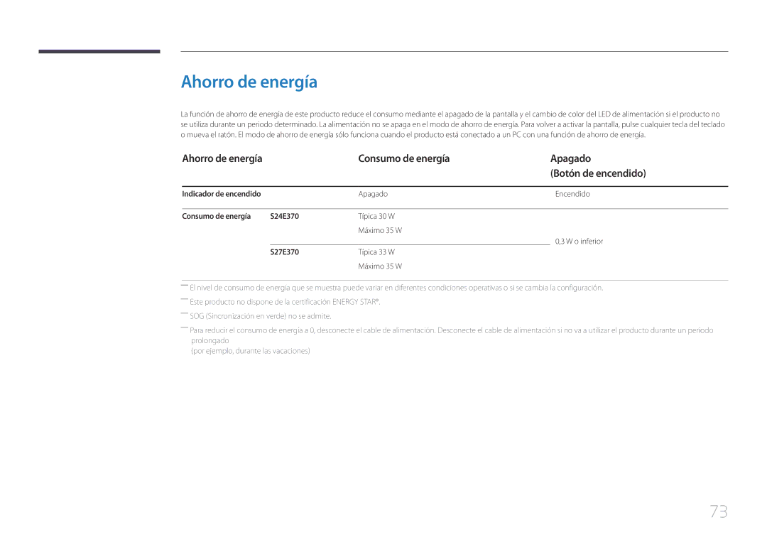 Samsung LS24E370DL/EN manual Ahorro de energía, Consumo de energía Apagado Botón de encendido, Consumo de energía S24E370 