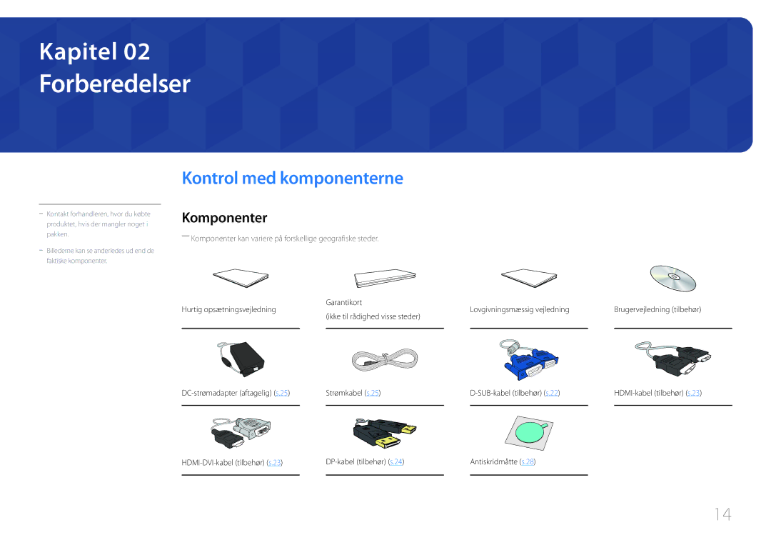 Samsung LS27E370DS/EN Forberedelser, Kontrol med komponenterne, Komponenter, DP-kabel tilbehør s.24 Antiskridmåtte s.28 