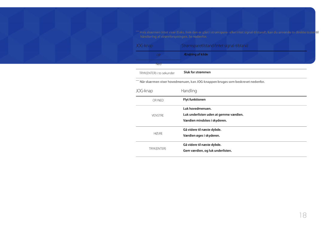 Samsung LS27E370DS/EN manual JOG-knap Strømsparetilstand/intet signal-tilstand, JOG-knap Handling, Ændring af kilde 