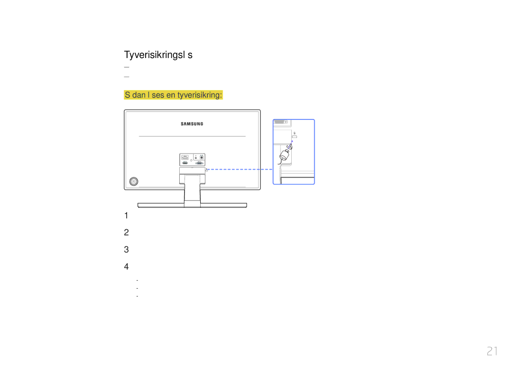 Samsung LS24E370DL/EN, LS27E370DS/EN manual Tyverisikringslås, Sådan låses en tyverisikring 