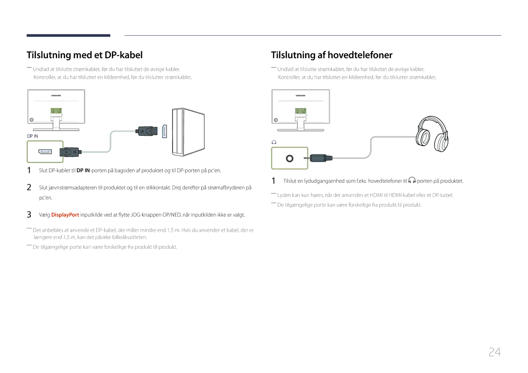 Samsung LS27E370DS/EN, LS24E370DL/EN manual Tilslutning med et DP-kabel, Tilslutning af hovedtelefoner 