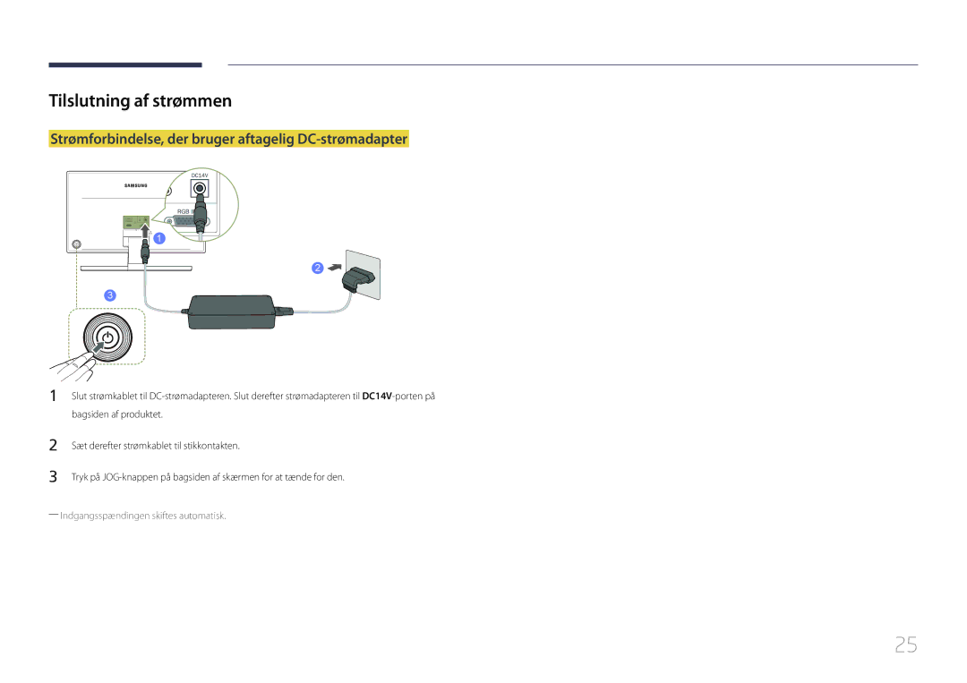 Samsung LS24E370DL/EN, LS27E370DS/EN manual Tilslutning af strømmen, Strømforbindelse, der bruger aftagelig DC-strømadapter 