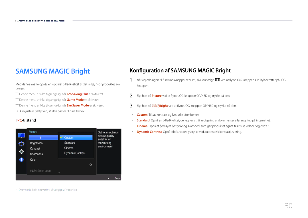 Samsung LS27E370DS/EN, LS24E370DL/EN manual Skærmopsætning, Konfiguration af Samsung Magic Bright 