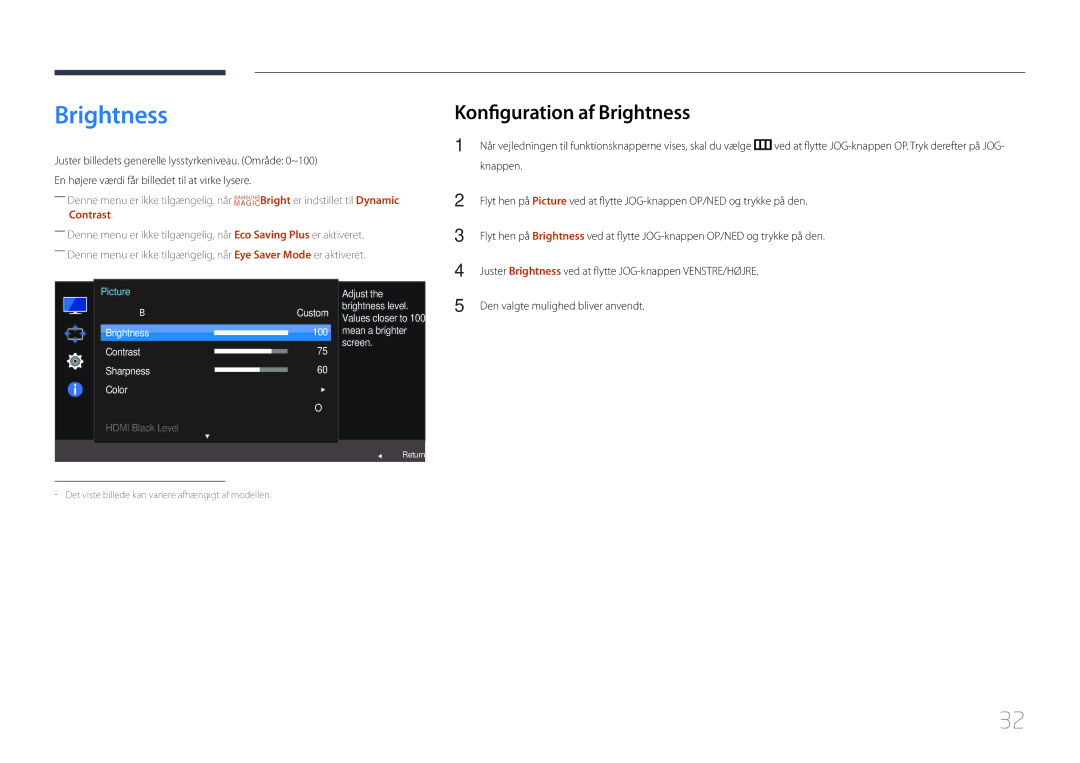 Samsung LS27E370DS/EN, LS24E370DL/EN manual Konfiguration af Brightness 