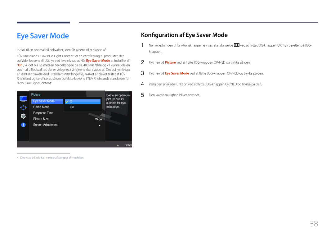 Samsung LS27E370DS/EN, LS24E370DL/EN manual Konfiguration af Eye Saver Mode 