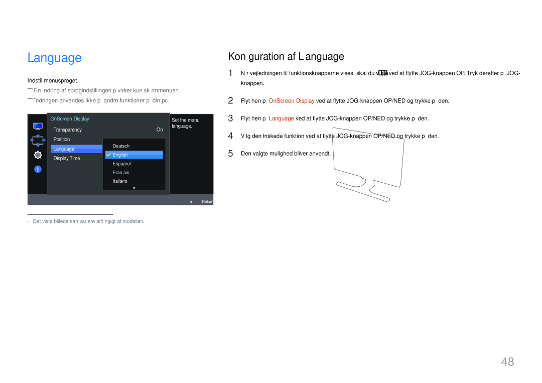 Samsung LS27E370DS/EN, LS24E370DL/EN manual Konfiguration af Language, Indstil menusproget 