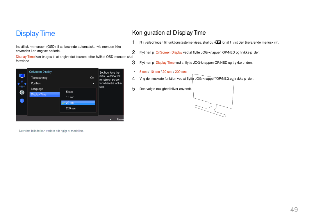 Samsung LS24E370DL/EN, LS27E370DS/EN manual Konfiguration af Display Time, Sec / 10 sec / 20 sec / 200 sec 