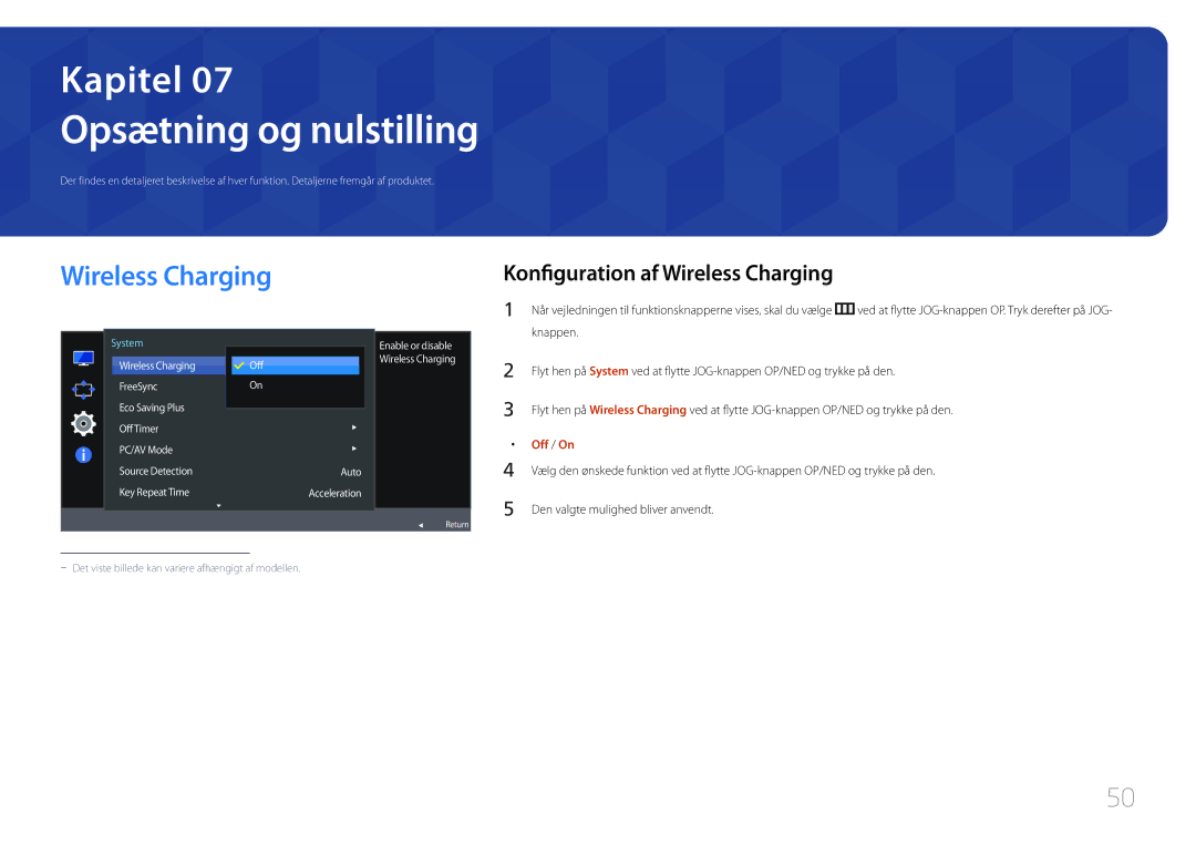 Samsung LS27E370DS/EN, LS24E370DL/EN manual Opsætning og nulstilling, Konfiguration af Wireless Charging 