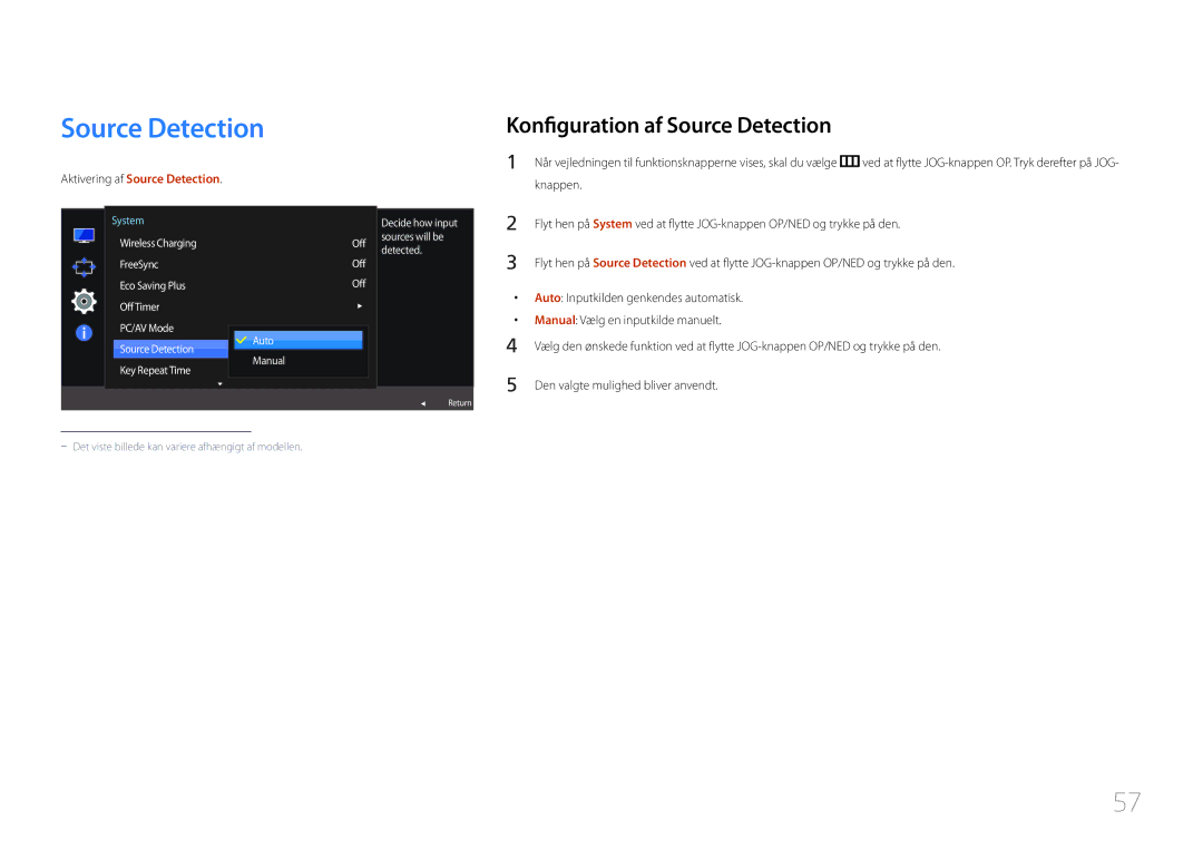 Samsung LS24E370DL/EN, LS27E370DS/EN manual Konfiguration af Source Detection, Aktivering af Source Detection 