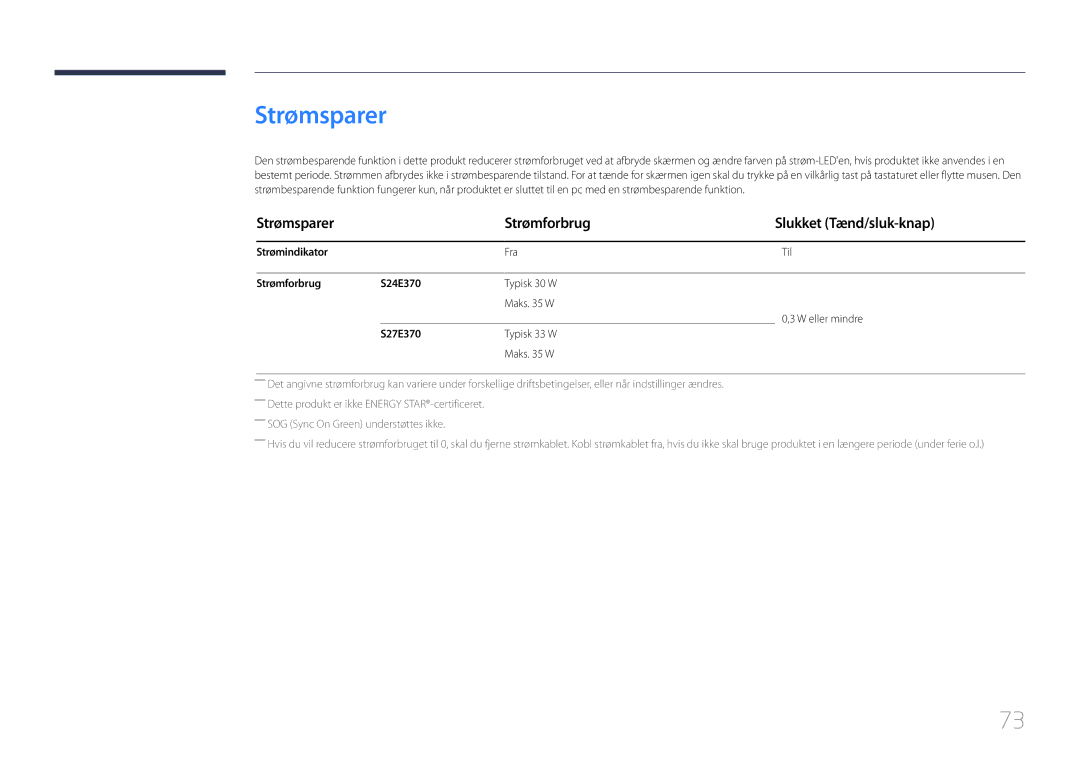Samsung LS24E370DL/EN, LS27E370DS/EN manual Strømsparer Strømforbrug Slukket Tænd/sluk-knap, Strømforbrug S24E370 