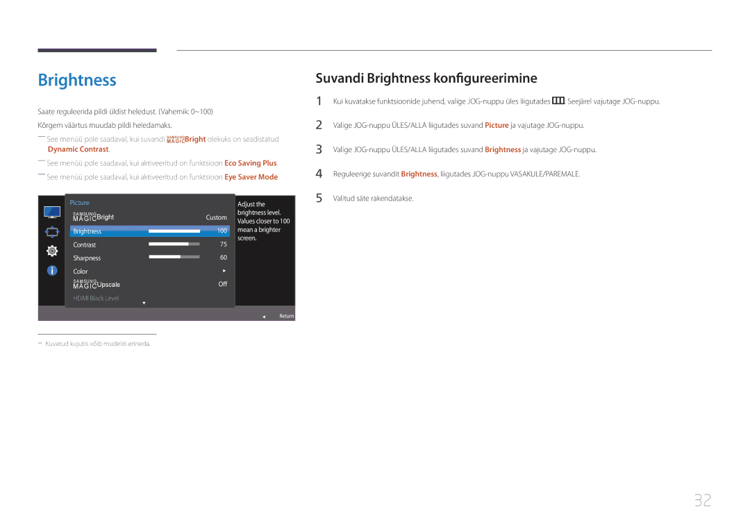 Samsung LS27E370DS/EN, LS24E370DL/EN manual Suvandi Brightness konfigureerimine 