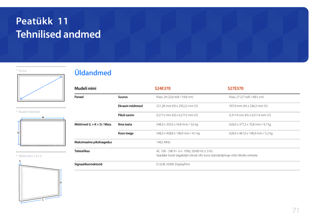 Samsung LS24E370DL/EN, LS27E370DS/EN manual Tehnilised andmed, Üldandmed, Mudeli nimi 