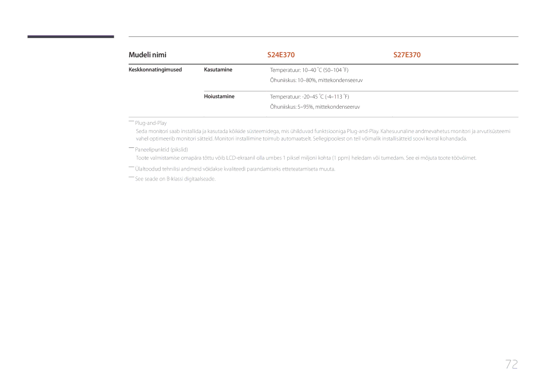 Samsung LS27E370DS/EN, LS24E370DL/EN manual Keskkonnatingimused Kasutamine, Hoiustamine 