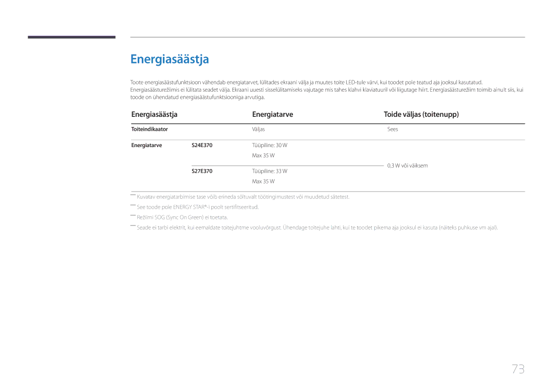Samsung LS24E370DL/EN manual Energiasäästja Energiatarve Toide väljas toitenupp, Toiteindikaator, Energiatarve S24E370 
