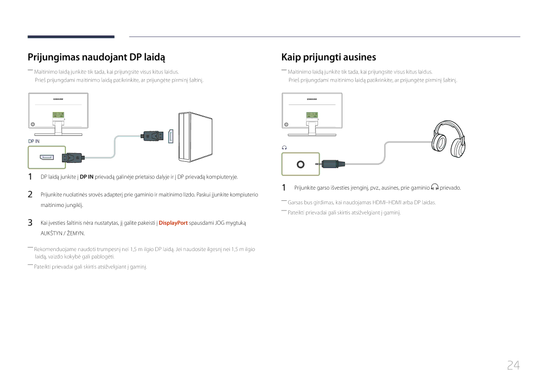 Samsung LS27E370DS/EN, LS24E370DL/EN manual Prijungimas naudojant DP laidą, Kaip prijungti ausines 