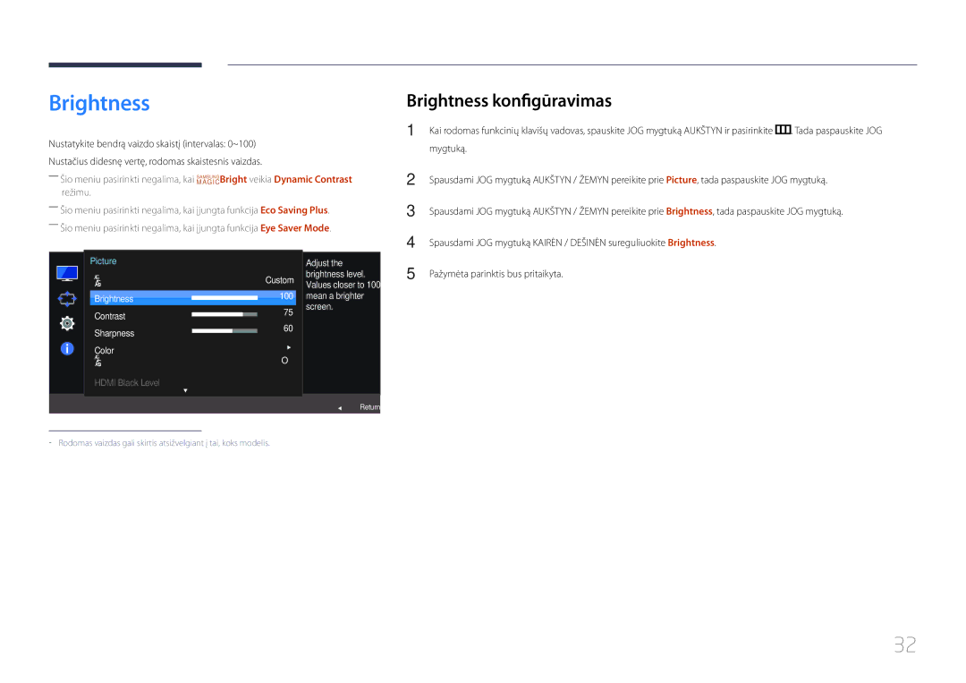 Samsung LS27E370DS/EN, LS24E370DL/EN manual Brightness konfigūravimas 