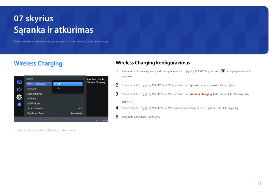 Samsung LS27E370DS/EN, LS24E370DL/EN manual Sąranka ir atkūrimas, Wireless Charging konfigūravimas 