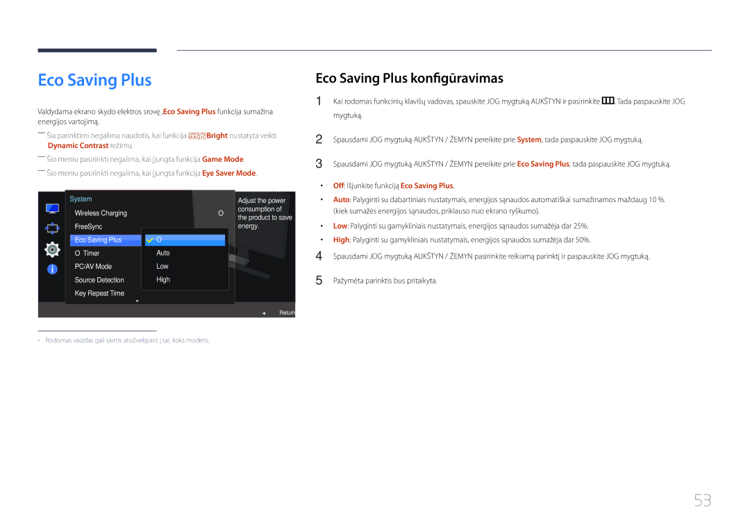Samsung LS24E370DL/EN, LS27E370DS/EN manual Eco Saving Plus konfigūravimas, Off Išjunkite funkciją Eco Saving Plus 