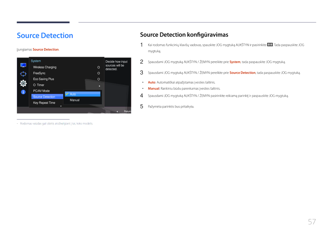 Samsung LS24E370DL/EN, LS27E370DS/EN Source Detection konfigūravimas, Auto Automatiškai atpažįstamas įvesties šaltinis 